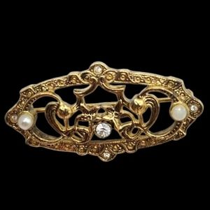 1928 Vintage Gold Tone Brooch Victorian Style Filigree Faux Pearl Rhinestone